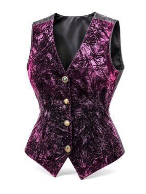 Vintage Clio Plum Crushed Velvet Vest Size M Mixed Buttons Tieback Boho Goth 90s